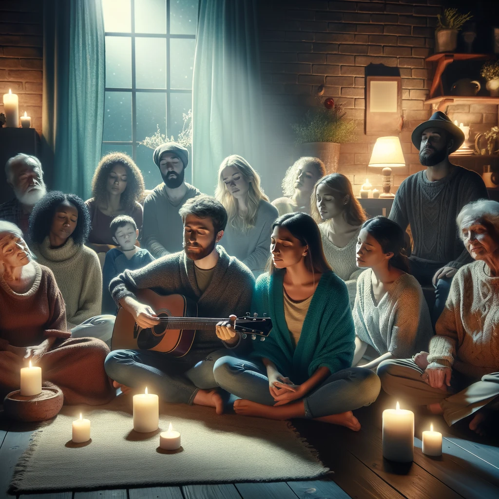 Grupo diverso de personas en una habitación acogedora y poco iluminada escuchando a un guitarrista, reflejando paz y contemplación, simbolizando el poder curativo de la música en tiempos desafiantes.